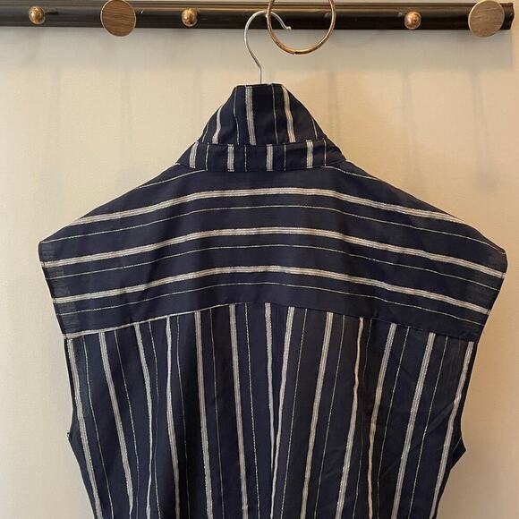 Ellen Tracy M Sleeveless Tie Front Top | Navy Blue Gold Stripe Soft Drape Career - Picture 5 of 6